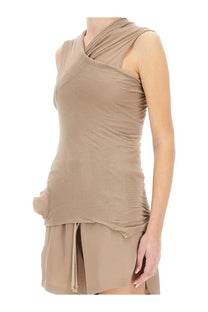 Beige Rick Owens sleeveless top with draped asymmetrical neckline and ruched fabric for women