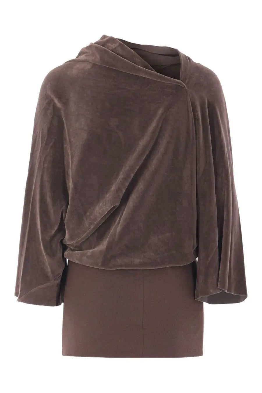 Rick Owens women’s soft chocolate brown velvet cape-style top with draped asymmetrical neckline and flowing sleeves