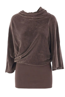 Rick Owens women’s soft chocolate brown velvet top with draped cowl neckline and flowing three quarter sleeves