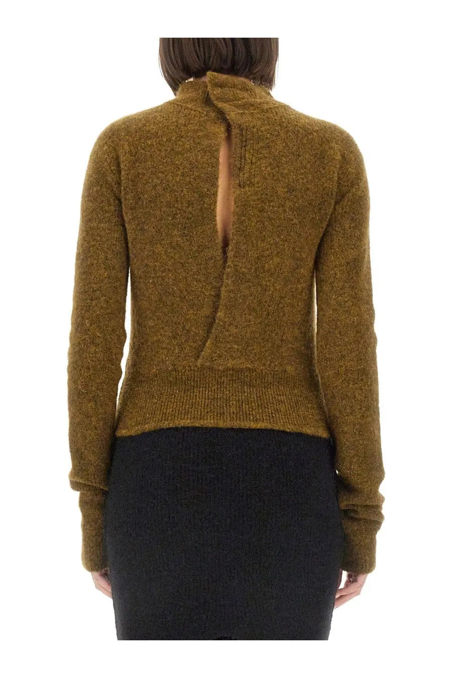 Back view of a Rick Owens women’s olive-green textured knit sweater with high collar and central back opening
