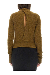Back view of a Rick Owens women’s olive-green textured knit sweater with high collar and central back opening