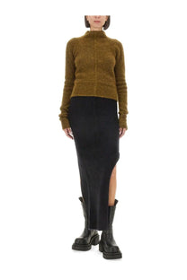 Olive green textured knit turtleneck sweater with ribbed hem and cuffs from rick owens women’s collection