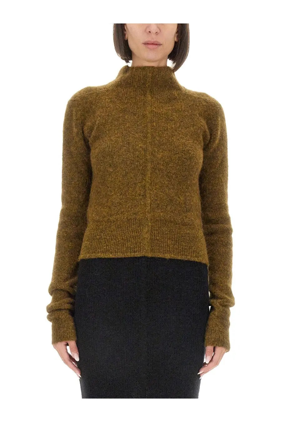 A textured olive green knit sweater with a high collar and ribbed cuffs in a rick owens women’s turtleneck shirt white collection