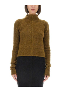A textured olive green knit sweater with a high collar and ribbed cuffs in a rick owens women’s turtleneck shirt white collection