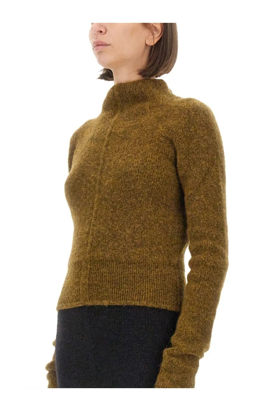 Rick Owens women’s turtleneck shirt white with textured olive green ribbed hem and cuffs
