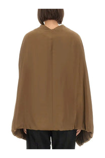 Rick owens women’s upholstered hood brown flowing cape in soft lightweight fabric shown from the back with central seam