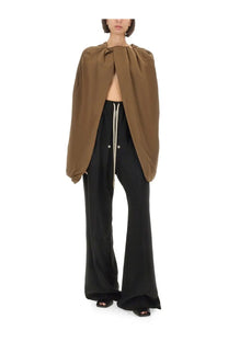 Rick Owens women’s upholstered hood brown satin cape with draped asymmetrical neckline and loose flowing sleeves