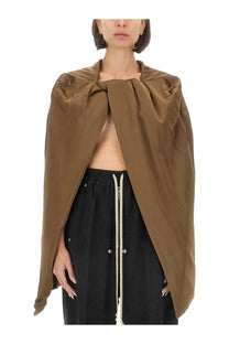Rick Owens women’s upholstered hood brown satin cape with draped asymmetrical design and central knot neckline