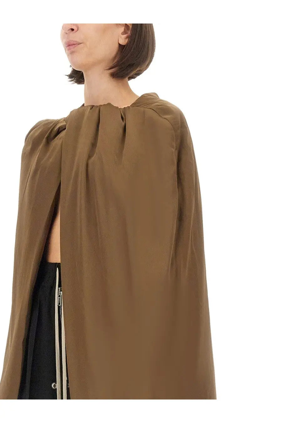 Rick owens women’s upholstered hood brown cape in taupe with structured puffed shoulders and vertical pleats