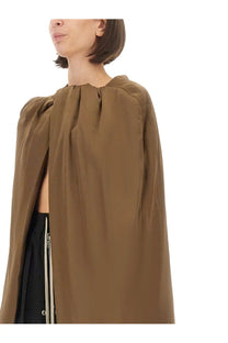 Rick owens women’s upholstered hood brown cape in taupe with structured puffed shoulders and vertical pleats