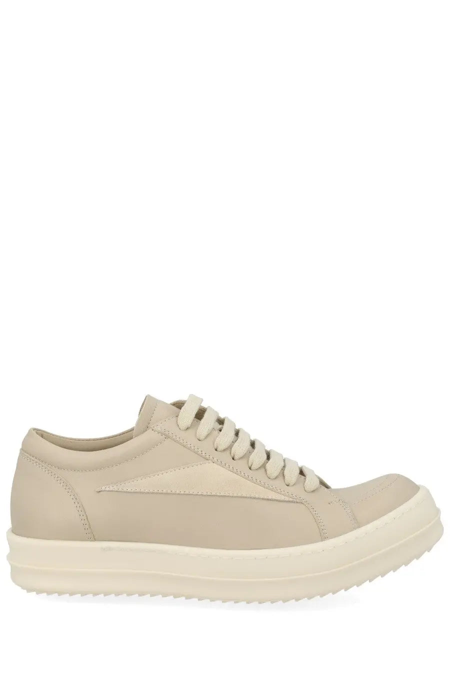 Rick Owens women’s vintage sneaks sneaker beige low-top leather with thick white rubber sole and matching laces