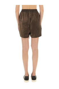 Brown velvet rick owens womens viscose and cupro shorts with elastic waistband front view