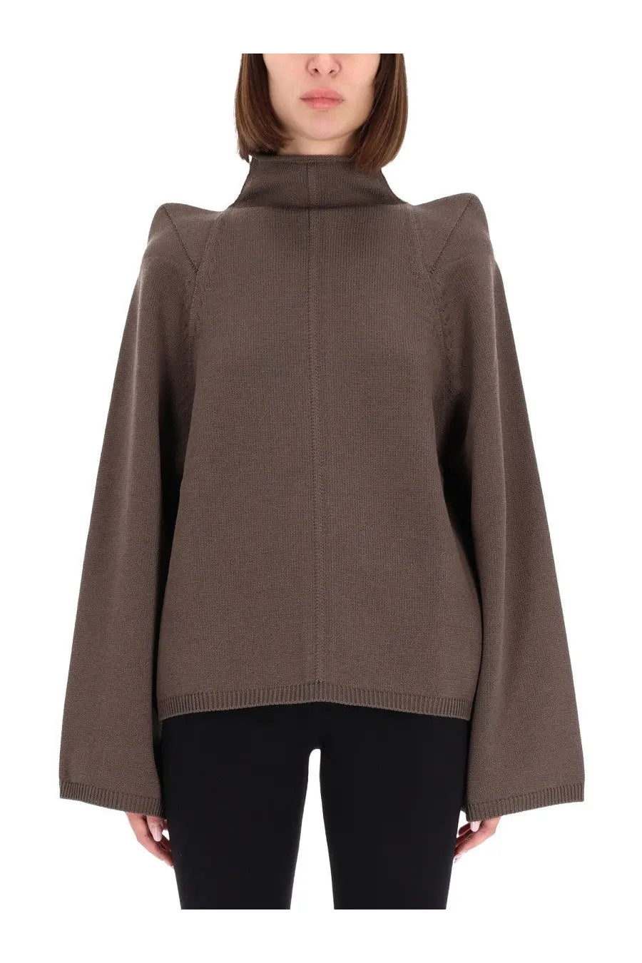 Brown ribbed knit wool sweater with high collar and wide bell sleeves from rick owens womens grey top collection