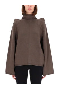 Brown ribbed knit wool sweater with high collar and wide bell sleeves from rick owens womens grey top collection