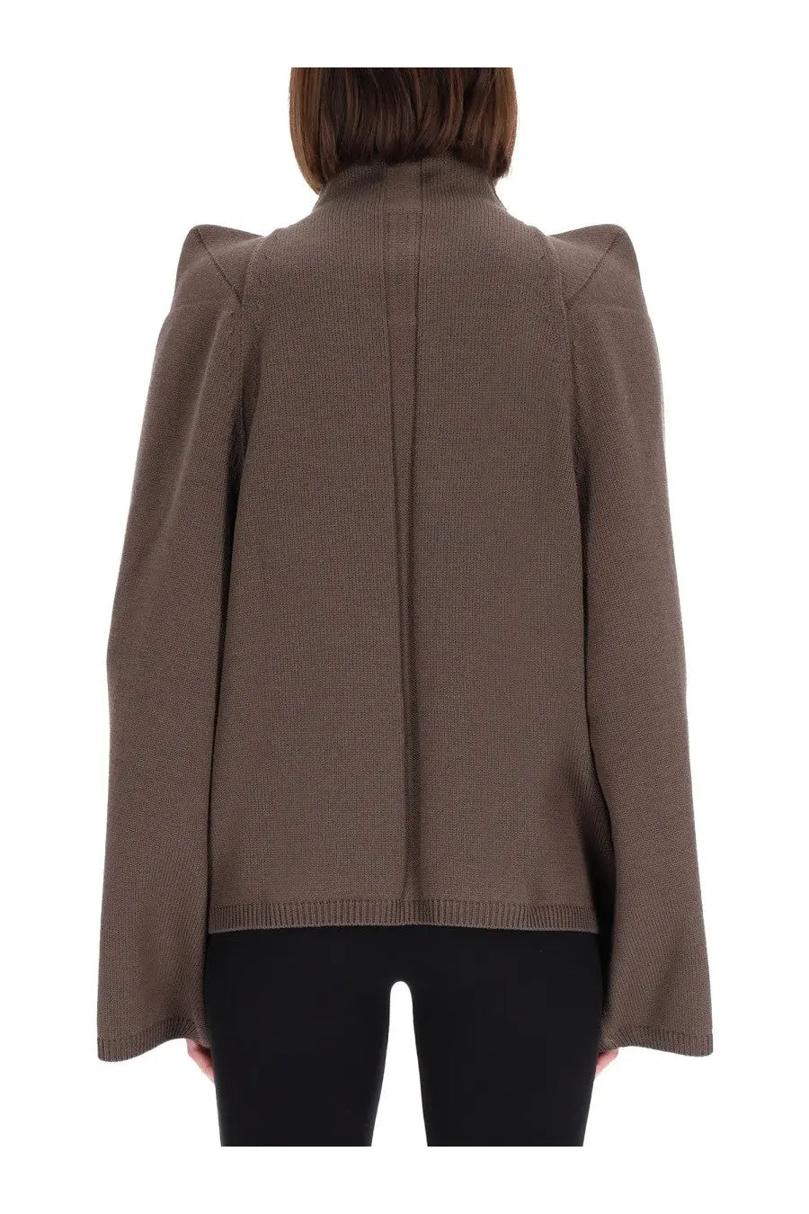 Rick Owens women’s wool sweater grey with ribbed knit, structured puffed shoulders, and high collar