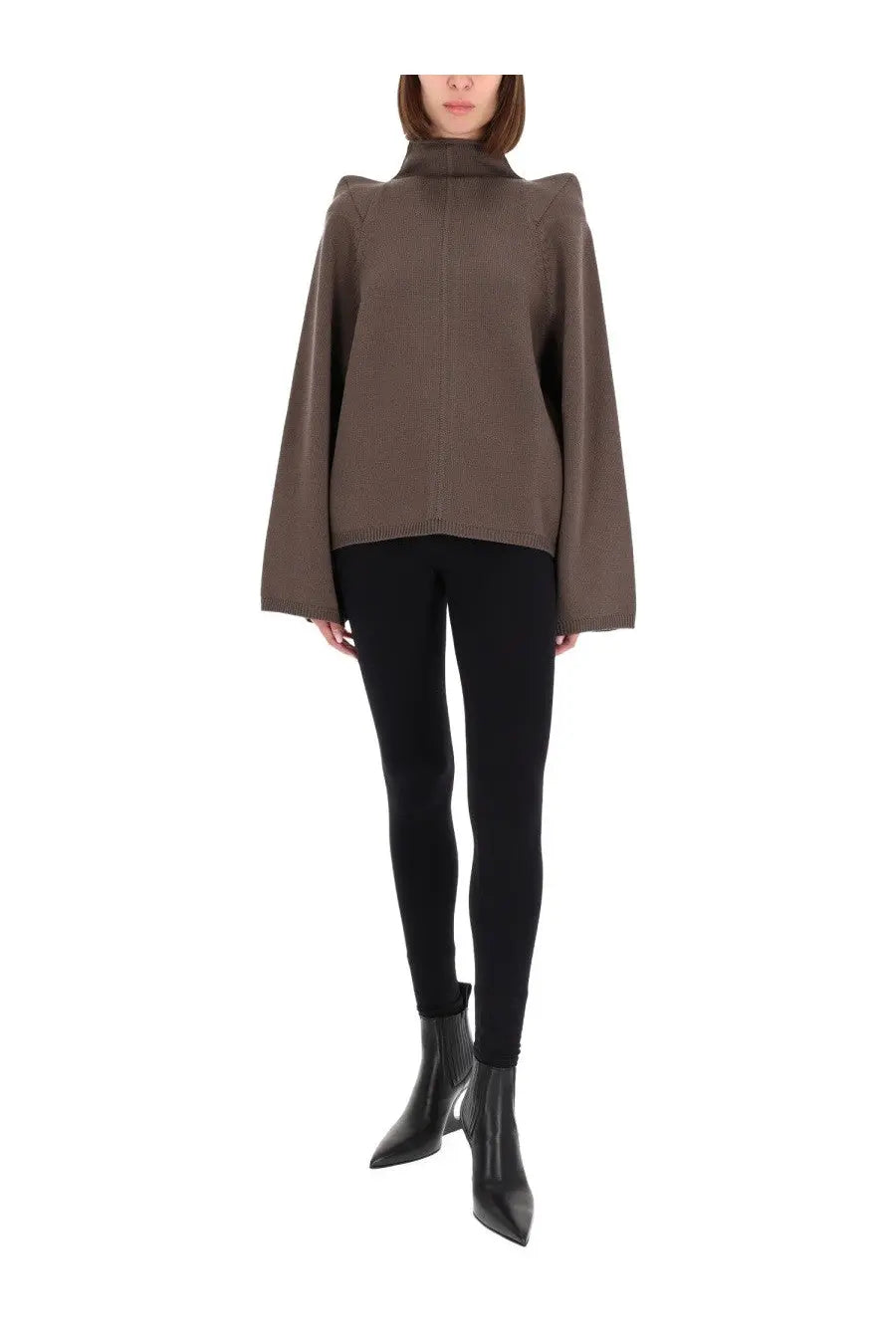 Rick Owens women’s wool top sweater in grey with wide bell sleeves and high collar in taupe knit structure