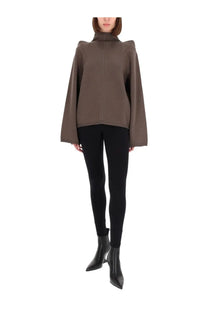 Rick Owens women’s wool top sweater in grey with wide bell sleeves and high collar in taupe knit structure