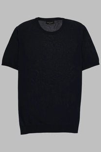 Roberto Collina men’s black short-sleeved knit sweater with subtle textured pattern and ribbed cuffs