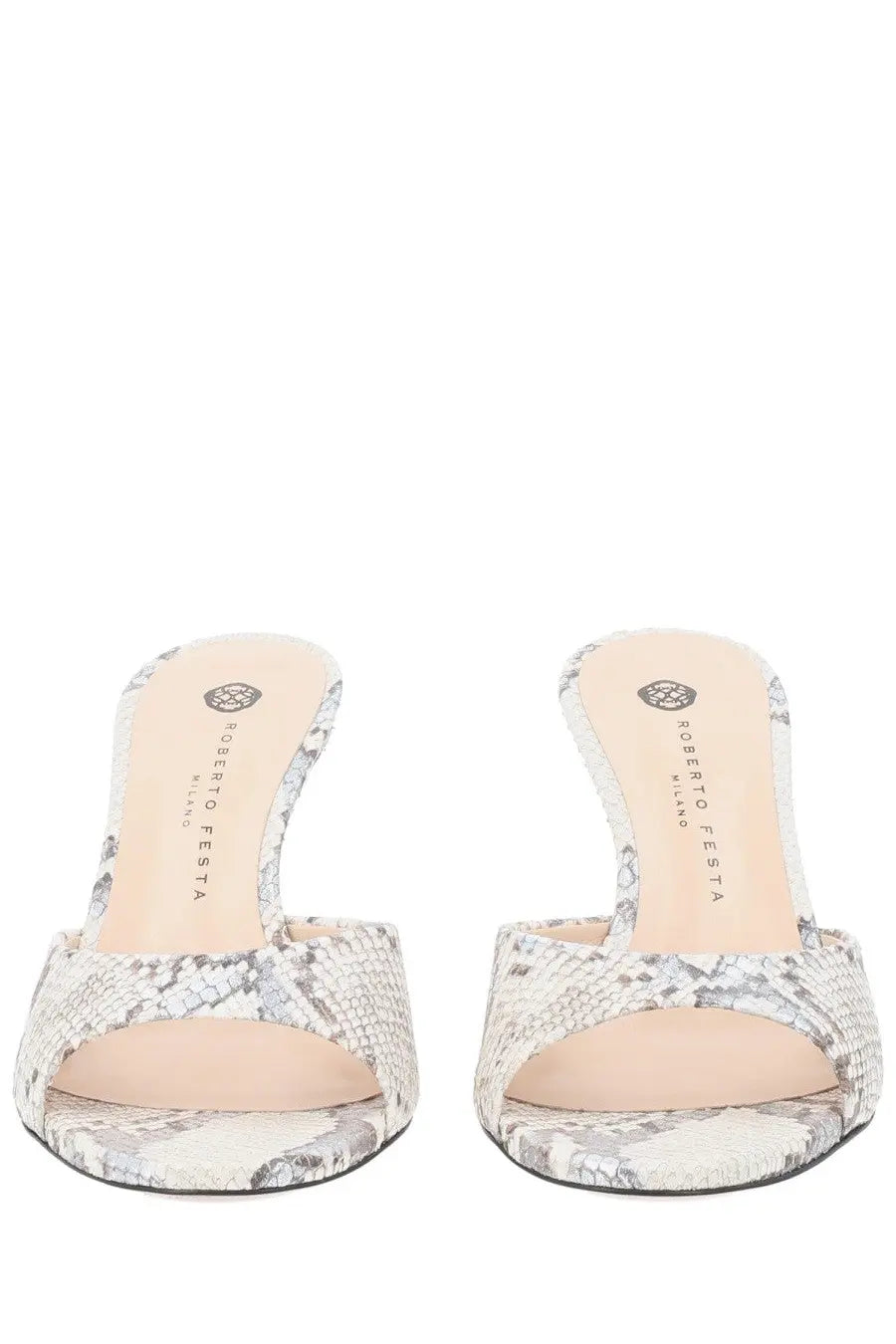 A pair of roberto festa women’s mules in white and gray snake print leather with open toe design
