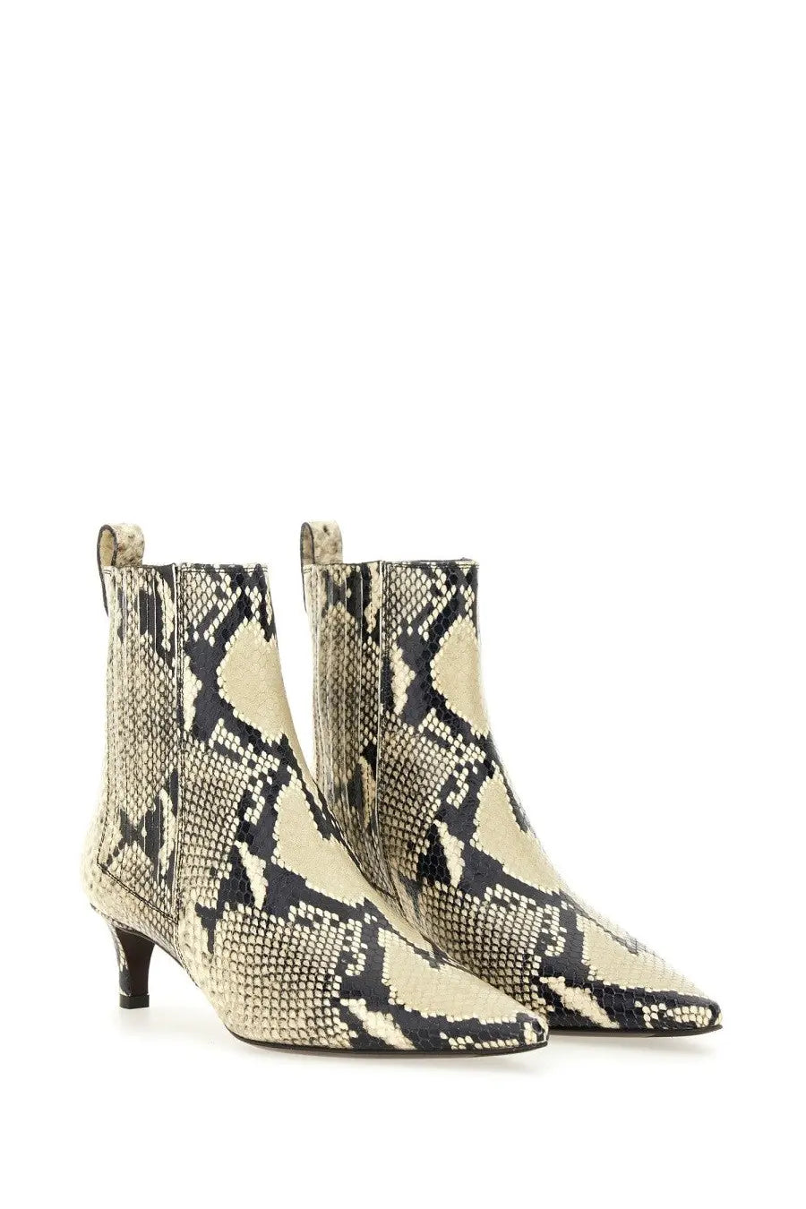 Roberto festa women’s ankle boots in beige and black snake print with pointed toe and low heel