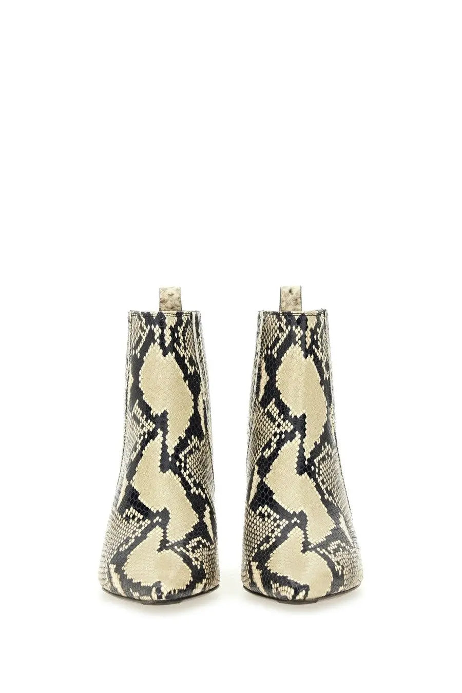 Roberto Festa women’s ankle boots in cream and black snake-print leather with a stylish pattern and rounded toe