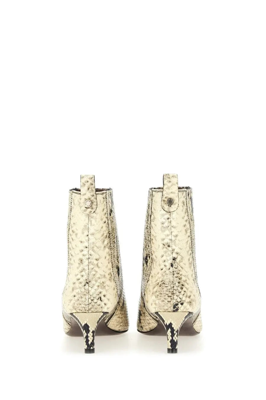Cream-colored snake-print ankle boots with metallic heel by Roberto Festa women’s boot Temis pattern shown from back