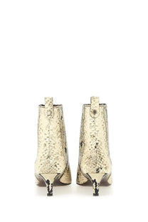 Cream-colored snake-print ankle boots with metallic heel by Roberto Festa women’s boot Temis pattern shown from back