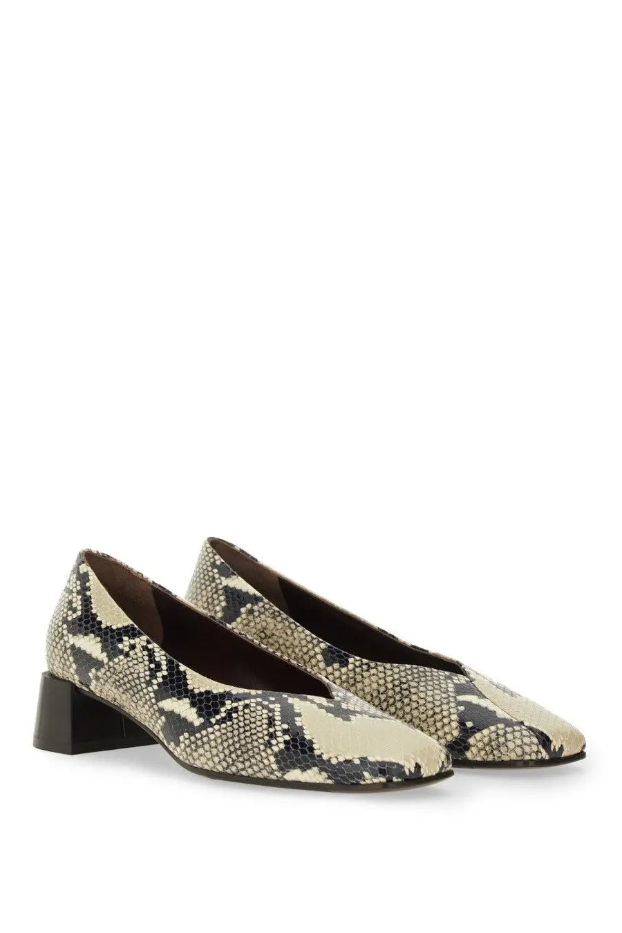 Roberto Festa women’s écolleté vina pattern beige and black snake-print leather pumps with low block heel