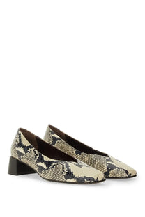 Roberto Festa women’s écolleté vina pattern beige and black snake-print leather pumps with low block heel