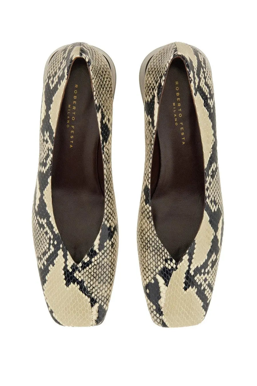 Roberto Festa women’s Écolleté Vina pattern beige and black snake-print flat shoes with pointed toe design