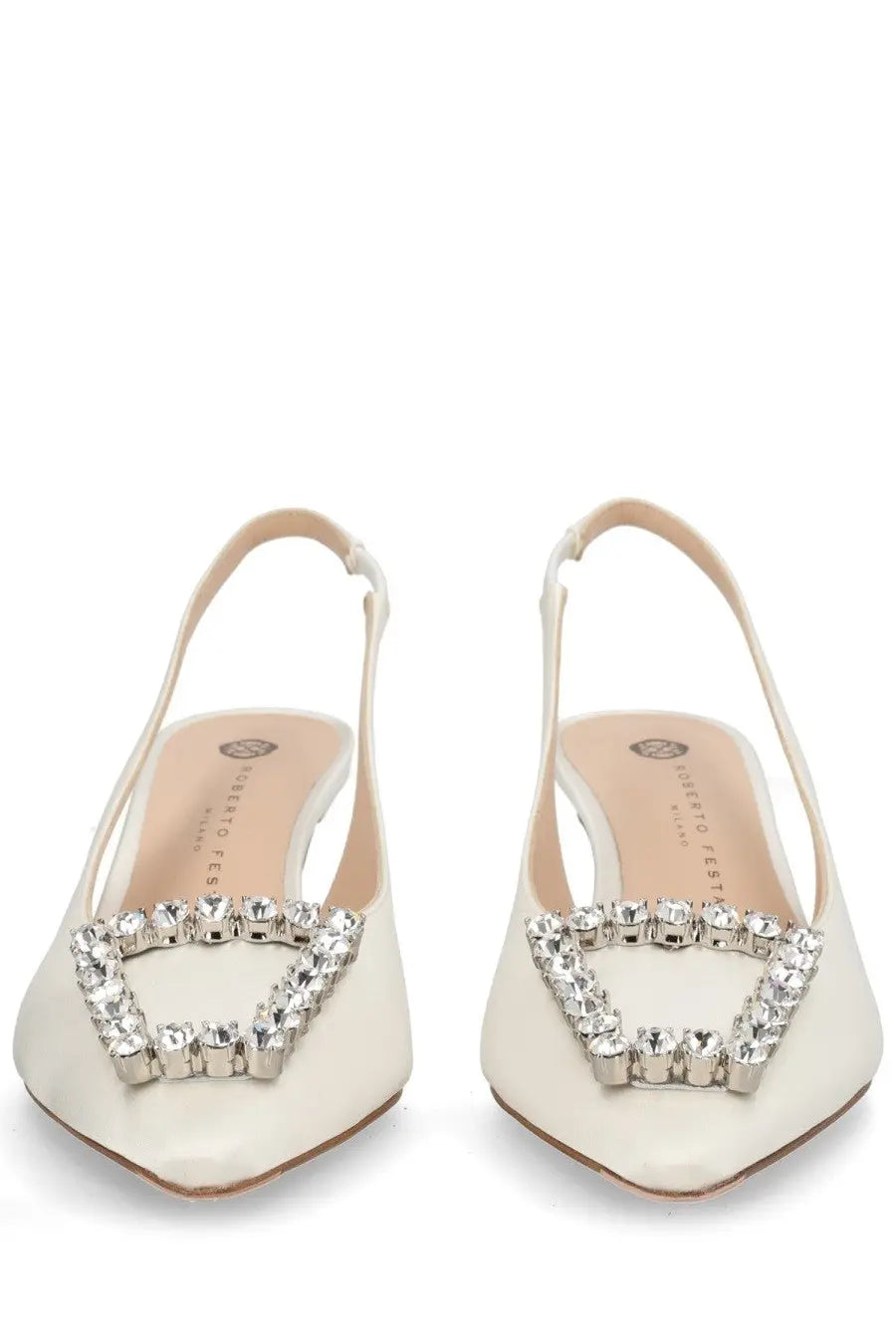 Roberto Festa women’s slingback futura white cream satin heels with sparkling rhinestone buckle detail