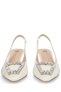 Roberto Festa women’s slingback futura white cream satin heels with sparkling rhinestone buckle detail