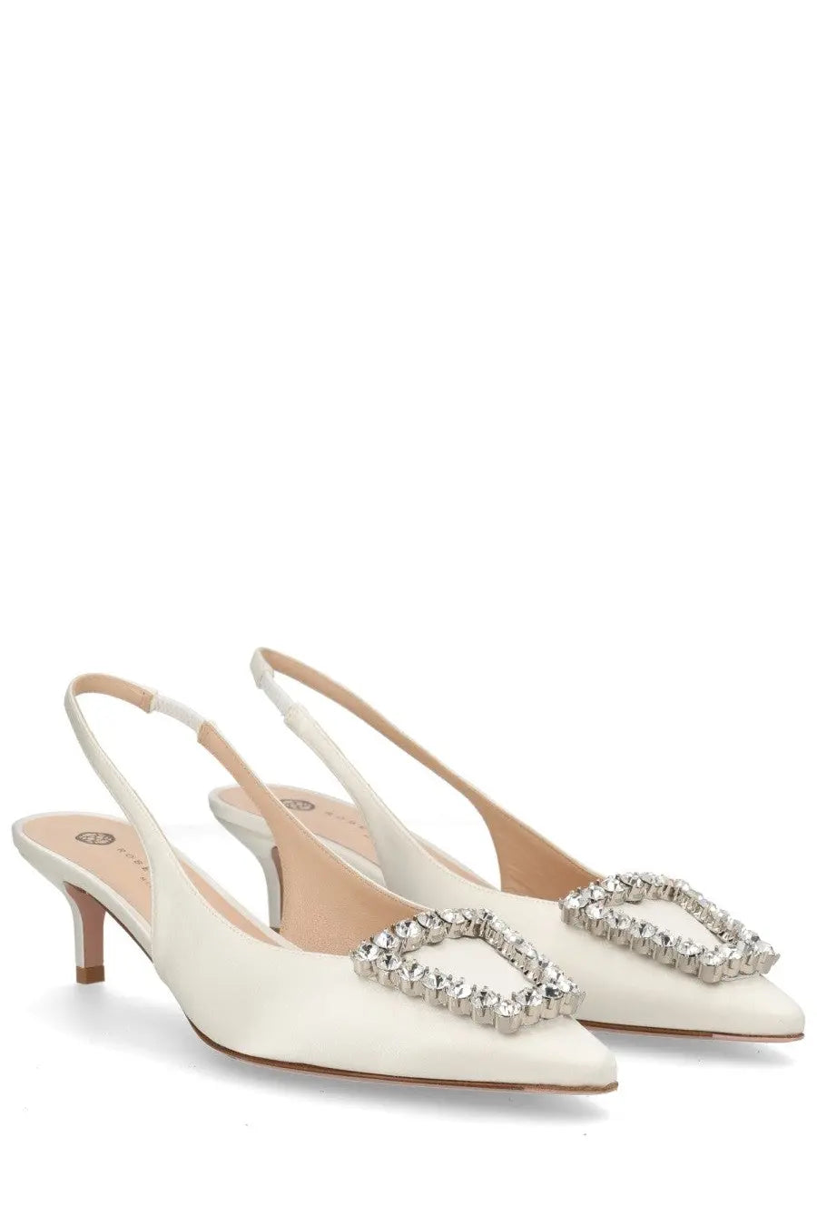 Cream satin slingback heels with a sparkling rhinestone buckle from Roberto Festa women’s slingback Futura white collection