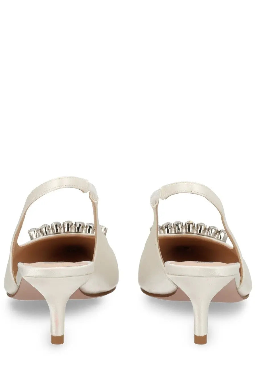 Roberto festa women’s cream satin slingback heels with clear rhinestone strap detailing