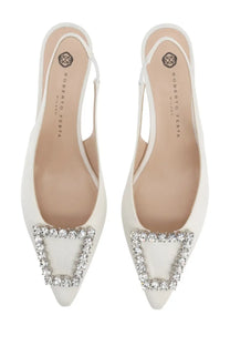 Roberto Festa women’s white satin slingback flats with a sparkling diamond-encrusted square buckle at the toe