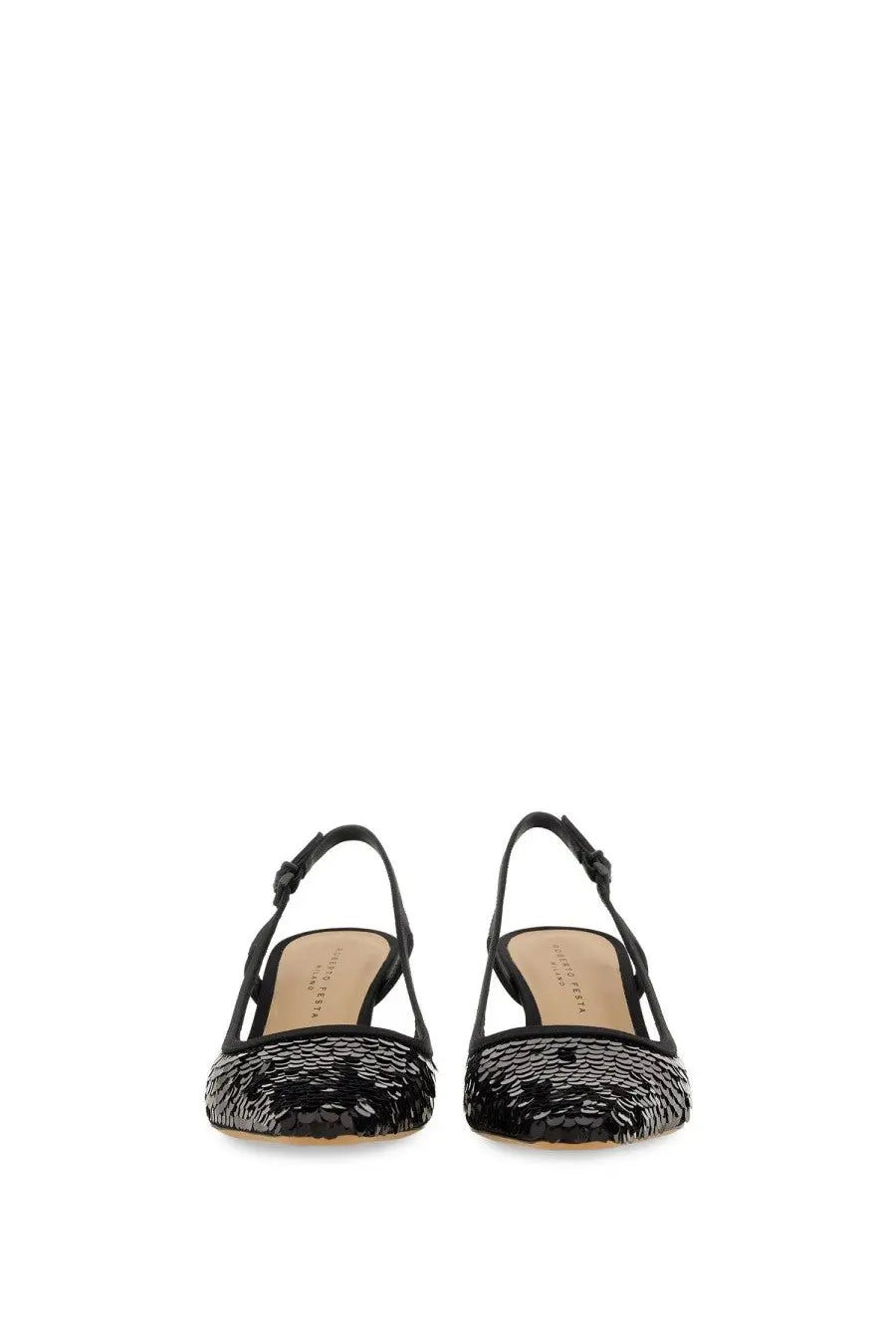 Roberto festa women’s black slingback heels with black sequins and adjustable ankle straps with sleek finish