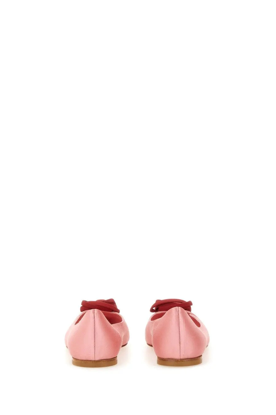 Pink satin roger vivier women’s ballerina rose vivier blue flats showing the back with a red ribbon bow