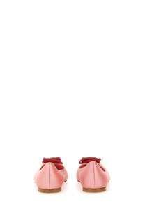 Pink satin roger vivier women’s ballerina rose vivier blue flats showing the back with a red ribbon bow