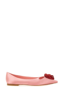 Roger Vivier women’s ballerina rose Vivier blue pink satin flat shoe with red bow at the toe