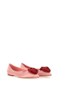 Roger Vivier women’s ballerina rose Vivier blue pink satin flats with deep red fabric rose at the toe