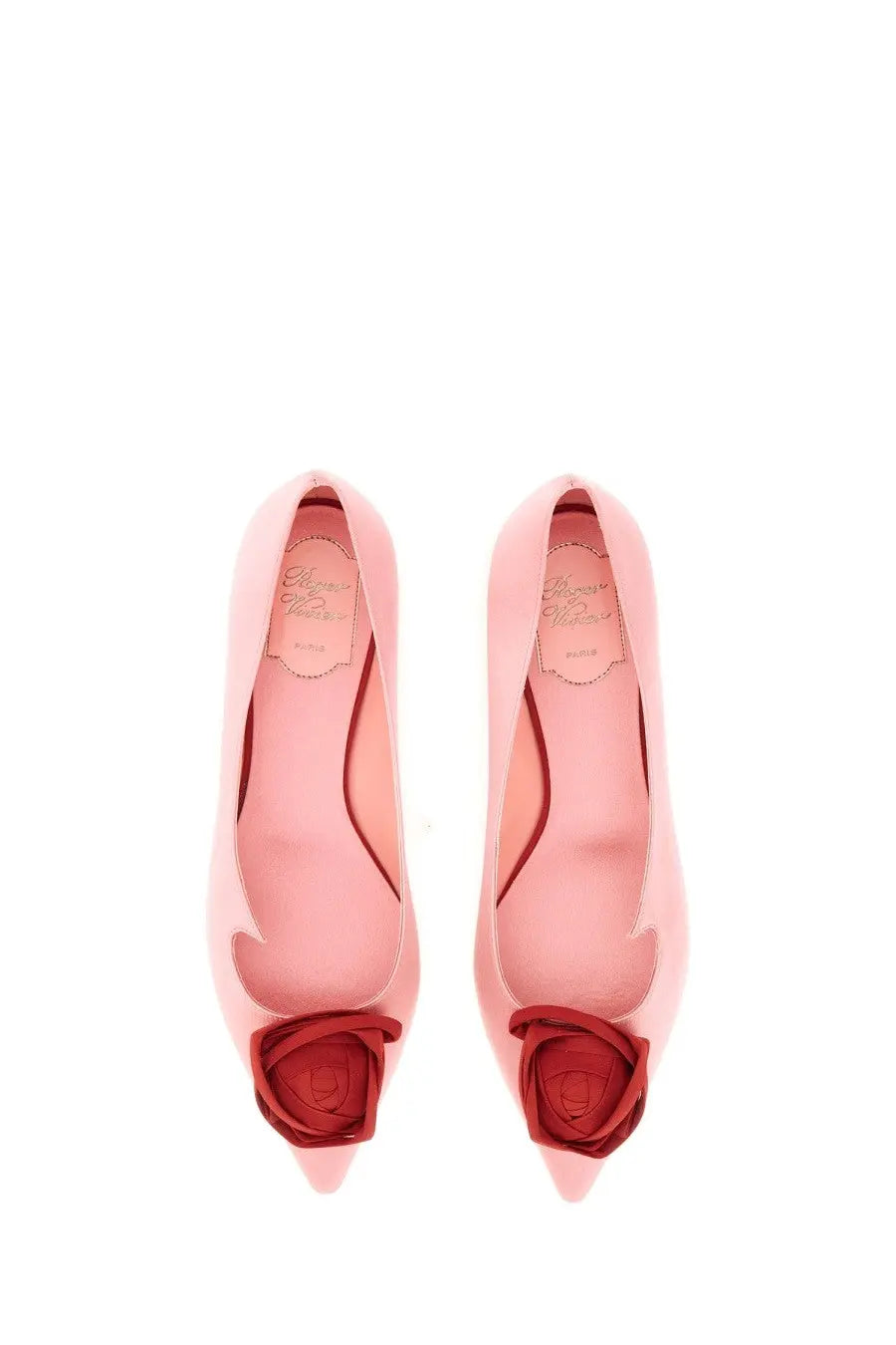 Roger vivier womens ballerina rose vivier blue pink satin pumps with delicate red rose embellishment at the toe