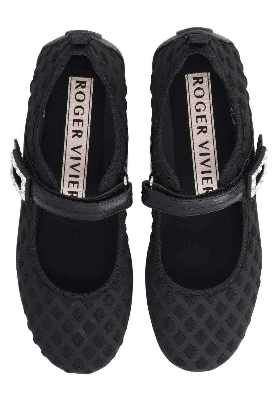 Roger vivier womens ballerina viv low black mary jane shoes with textured diamond pattern and silver buckle accents