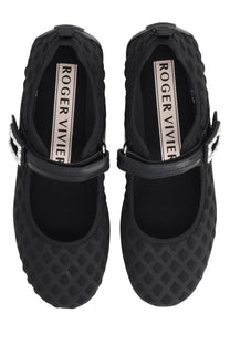 Roger vivier womens ballerina viv low black mary jane shoes with textured diamond pattern and silver buckle accents