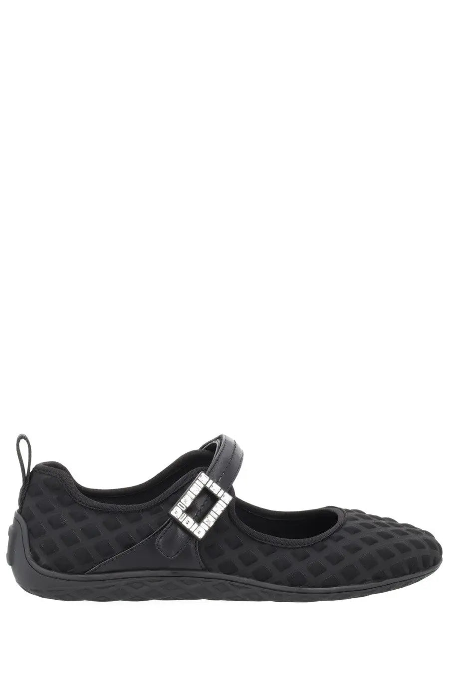 Roger Vivier women’s ballerina viv low black mary jane flat shoe with textured upper and silver buckle with clear crystals