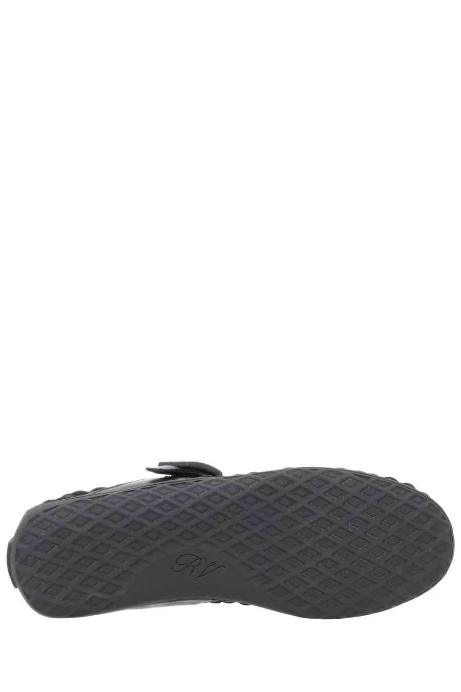 Black rubber sole with diamond-patterned tread and embossed logo on roger vivier women’s ballerina viv low black