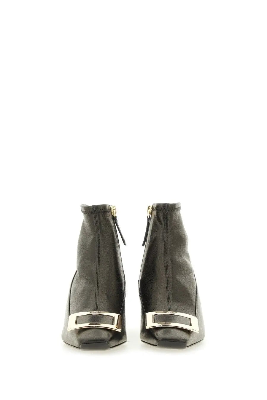 Roger vivier women’s belle vivier black leather ankle boots with sleek design and silver rectangular buckles at front