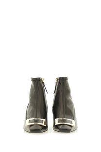 Roger vivier women’s belle vivier black leather ankle boots with sleek design and silver rectangular buckles at front