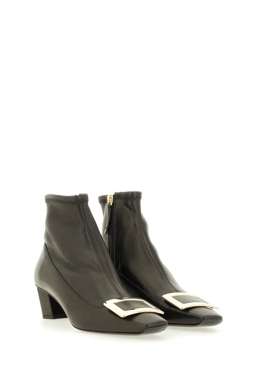 Roger Vivier women’s Belle Vivier black leather ankle boots with square gold-tone buckle and low block heel