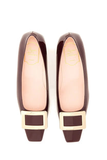 Roger vivier women’s belle vivier pumps red burgundy patent leather ballet flats with gold-tone rectangular buckle