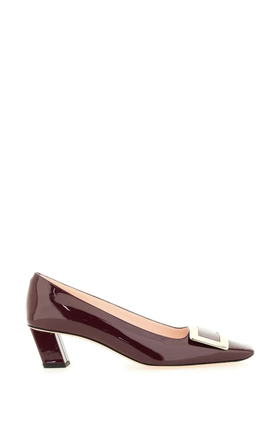 Roger vivier women’s belle vivier burgundy patent leather pump with silver rectangular buckle and block heel
